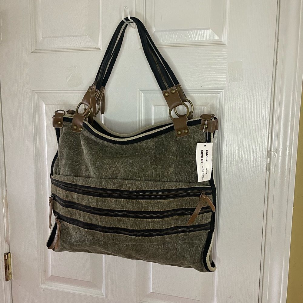 Uddini  grey distressed canvas large tote with brown faux leather trims